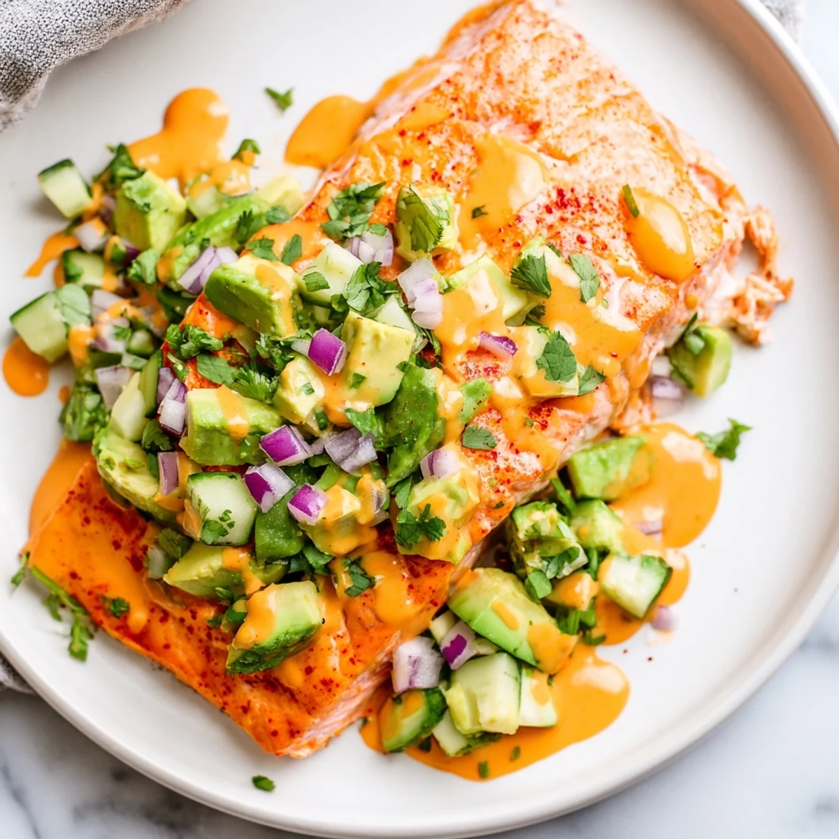Golden baked Bang Bang Salmon fillet drizzled with sweet chili Sriracha sauce and fresh salsa