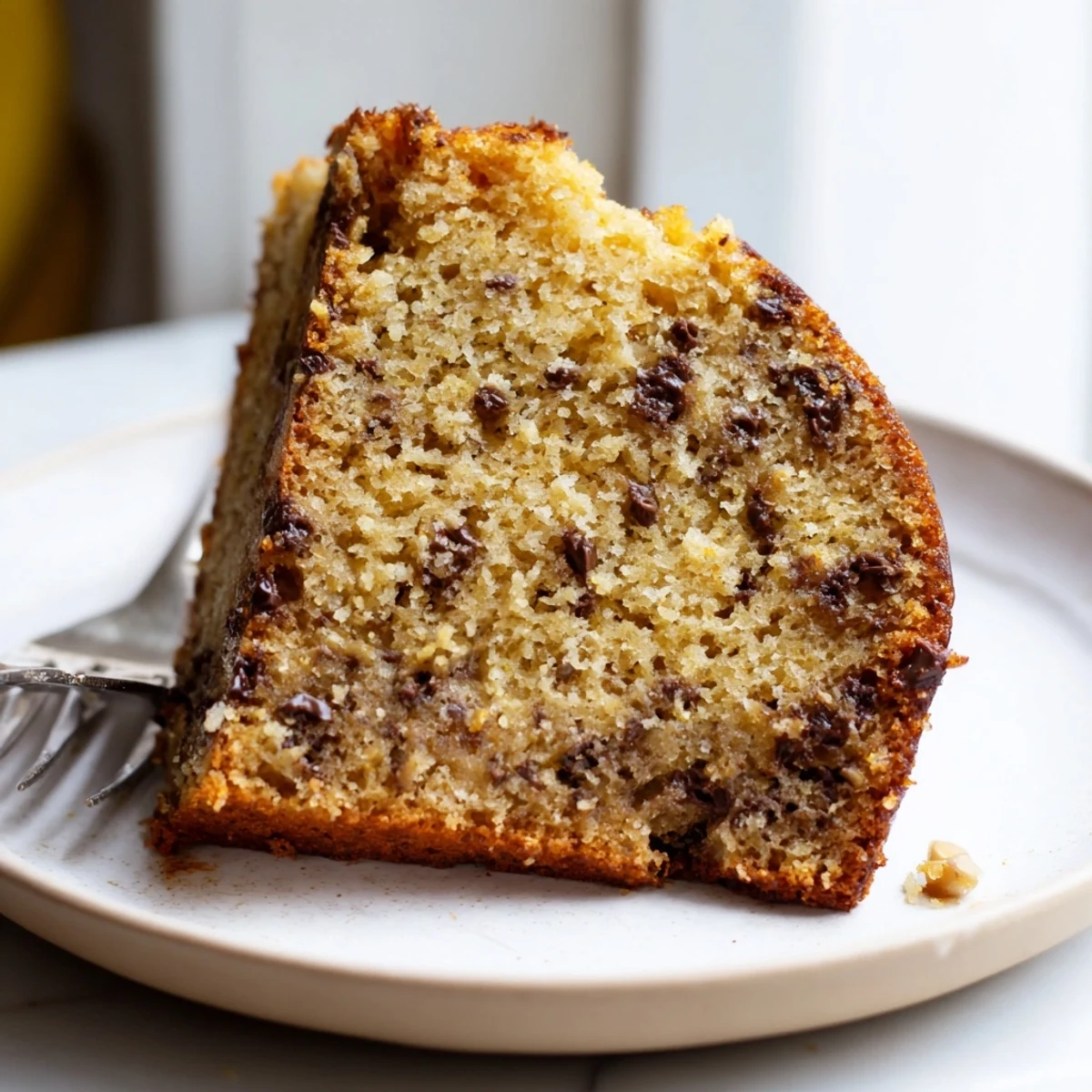 A golden banana cake slice topped with creamy frosting on a rustic plate