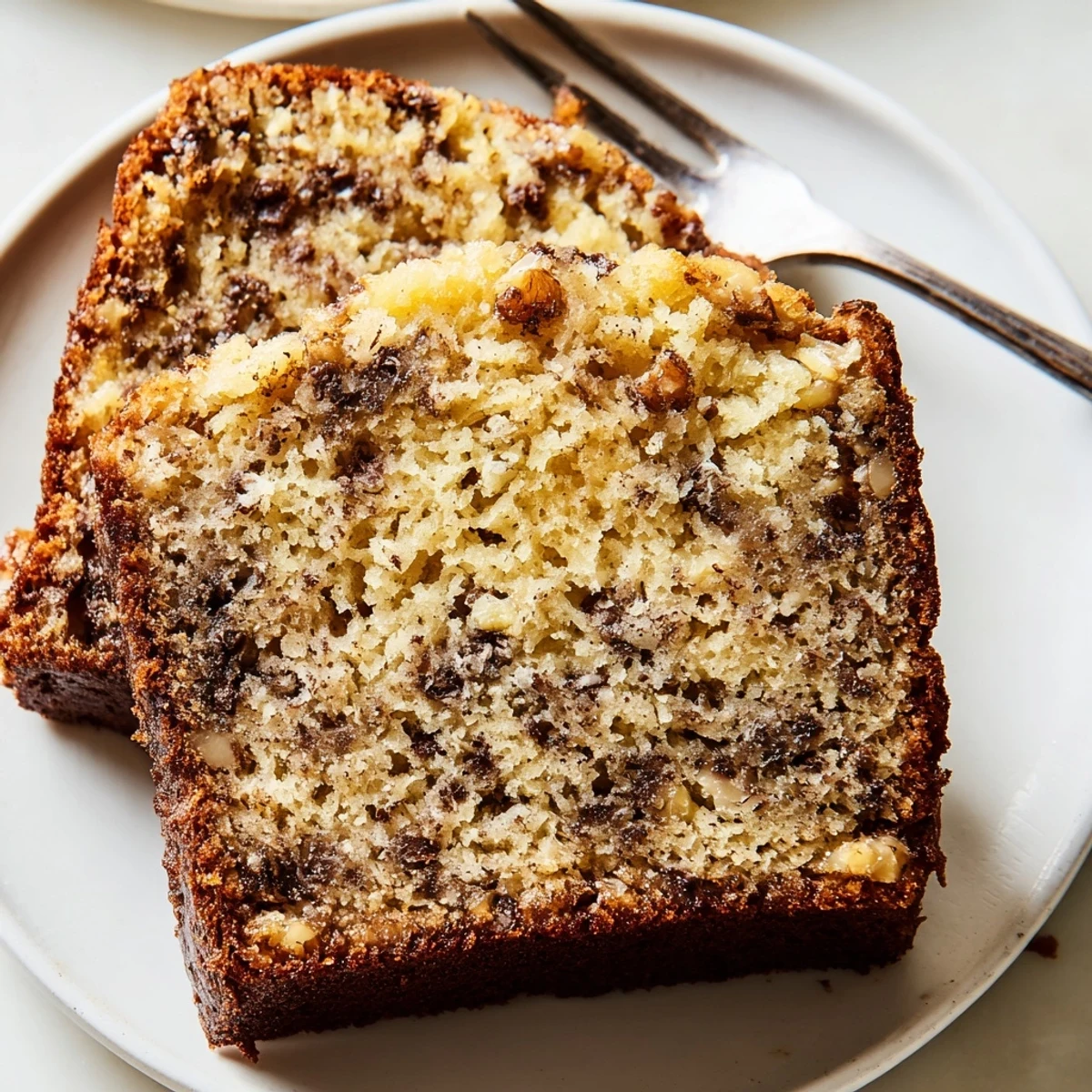 Warm banana cake served on a plate with a dollop of whipped cream