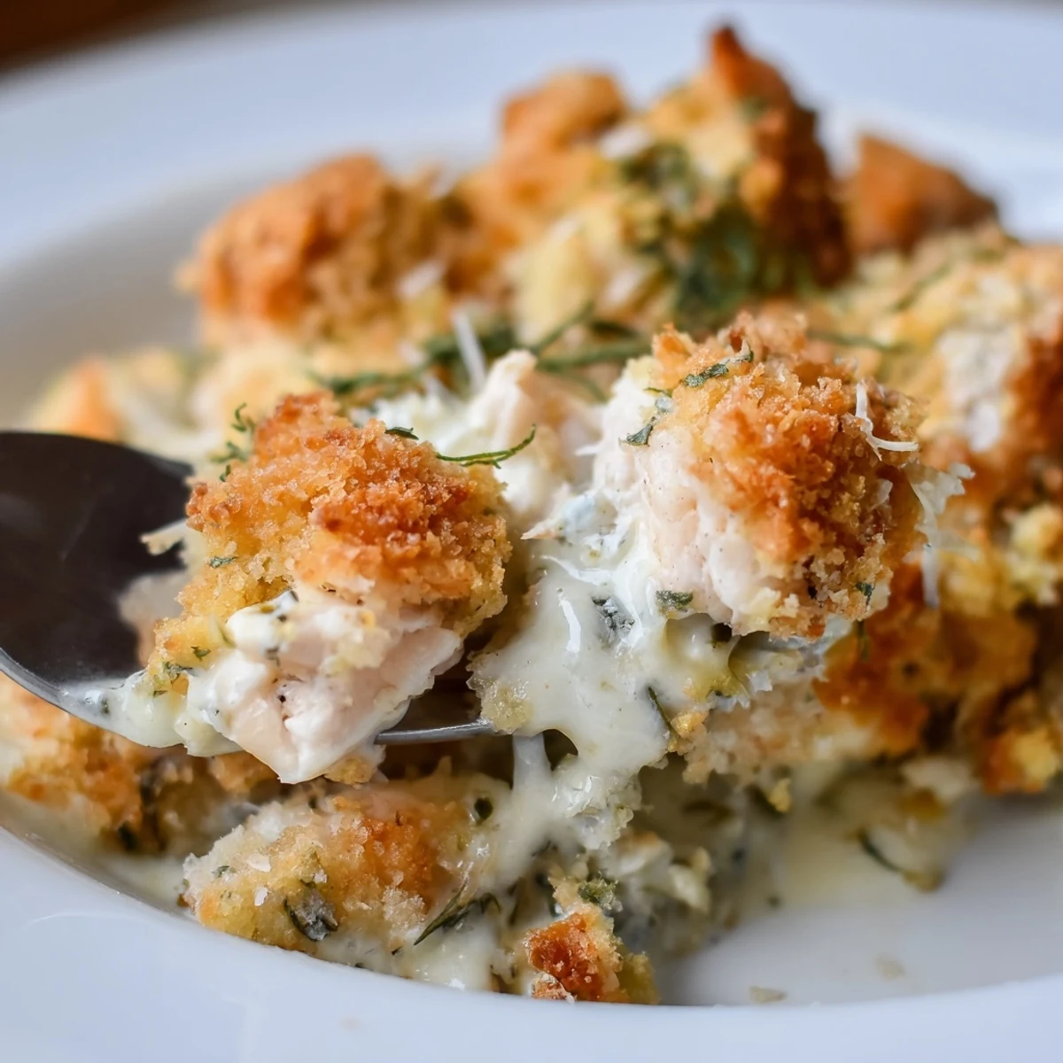 Golden crispy Chicken Kiev Casserole fresh from the oven with herb butter bubbling underneath