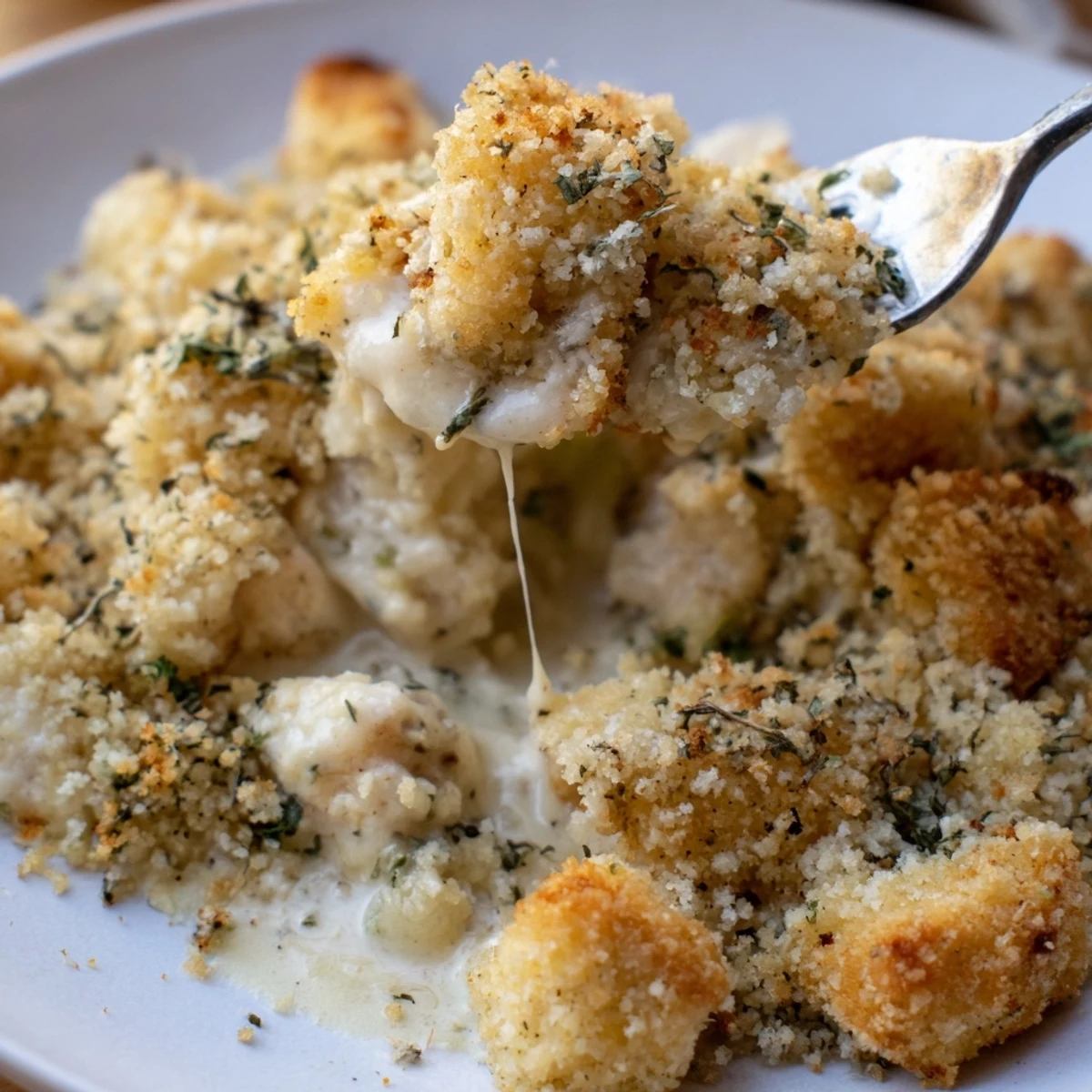 Creamy Chicken Kiev Casserole topped with crunchy panko breadcrumbs in a baking dish