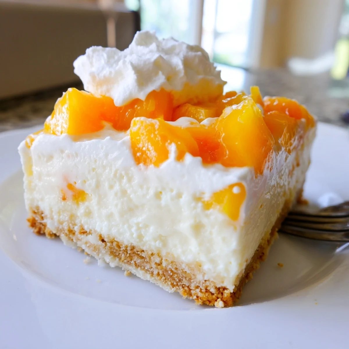 Creamy Peaches and Cream Cheesecake Bars sliced and topped with fresh peach slices and whipped cream
