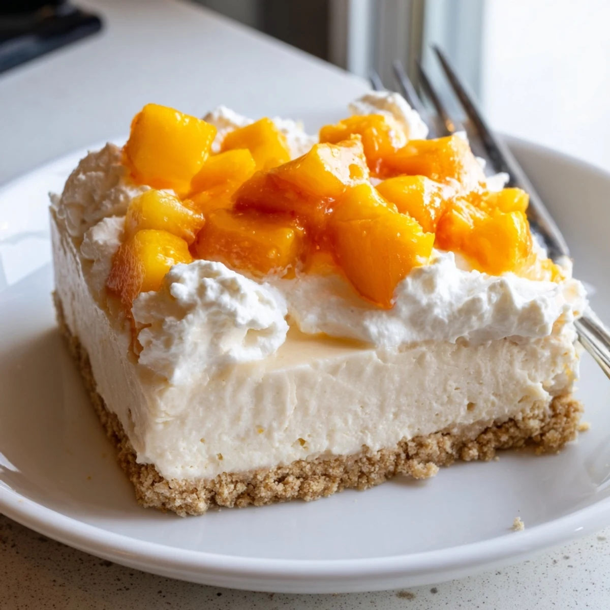 Chilled Peaches and Cream Cheesecake Bars with swirled whipped topping and juicy ripe peach pieces glistening