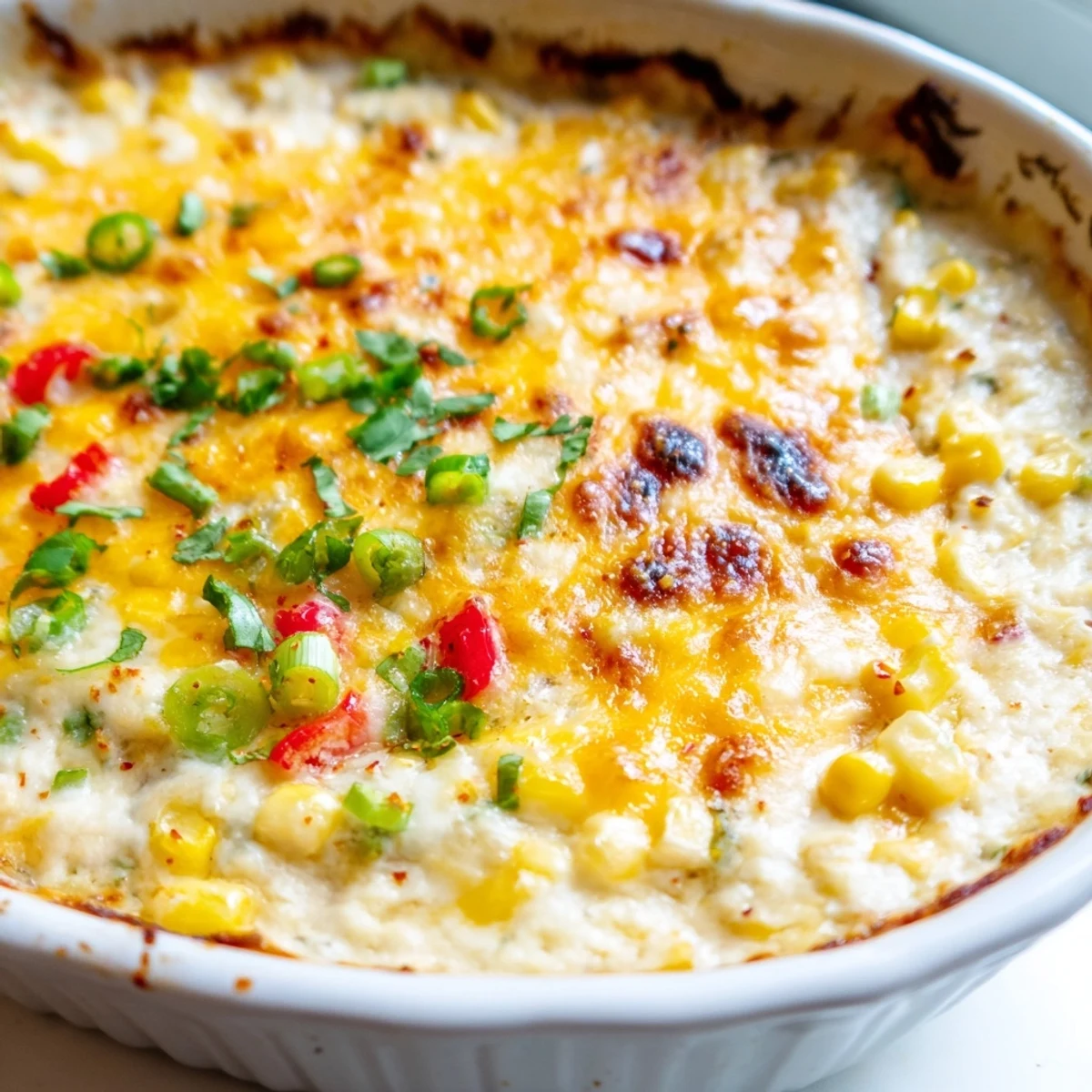 Golden bubbly Baked Creamy Corn Jalapeño Dip served warm with crispy tortilla chips