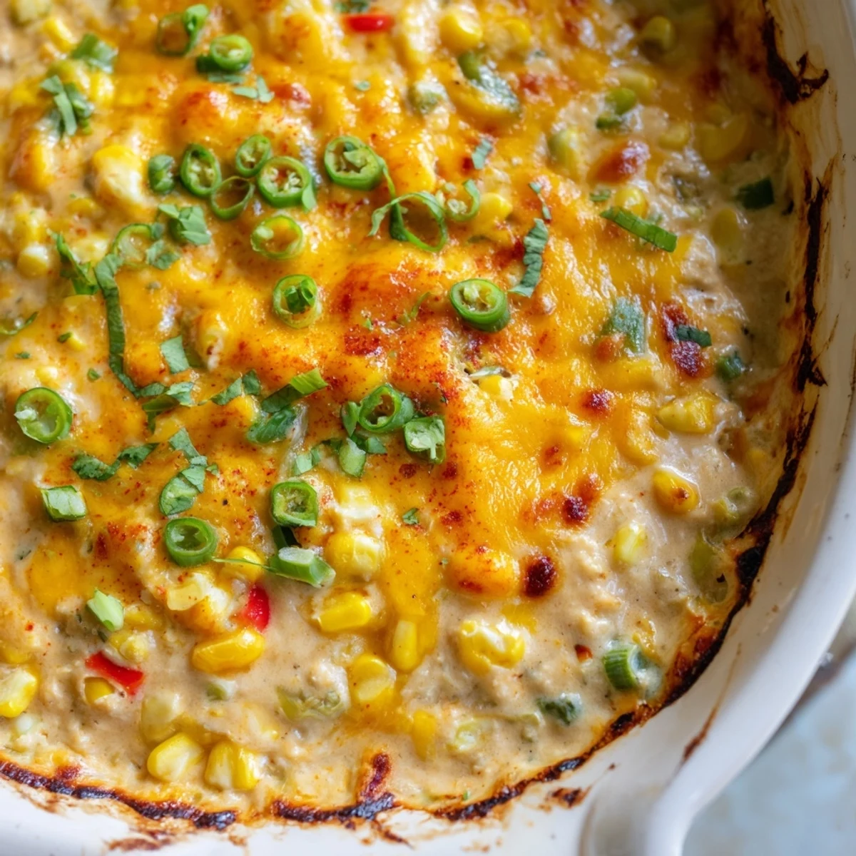 Creamy Baked Creamy Corn Jalapeño Dip topped with melted cheddar and fresh cilantro