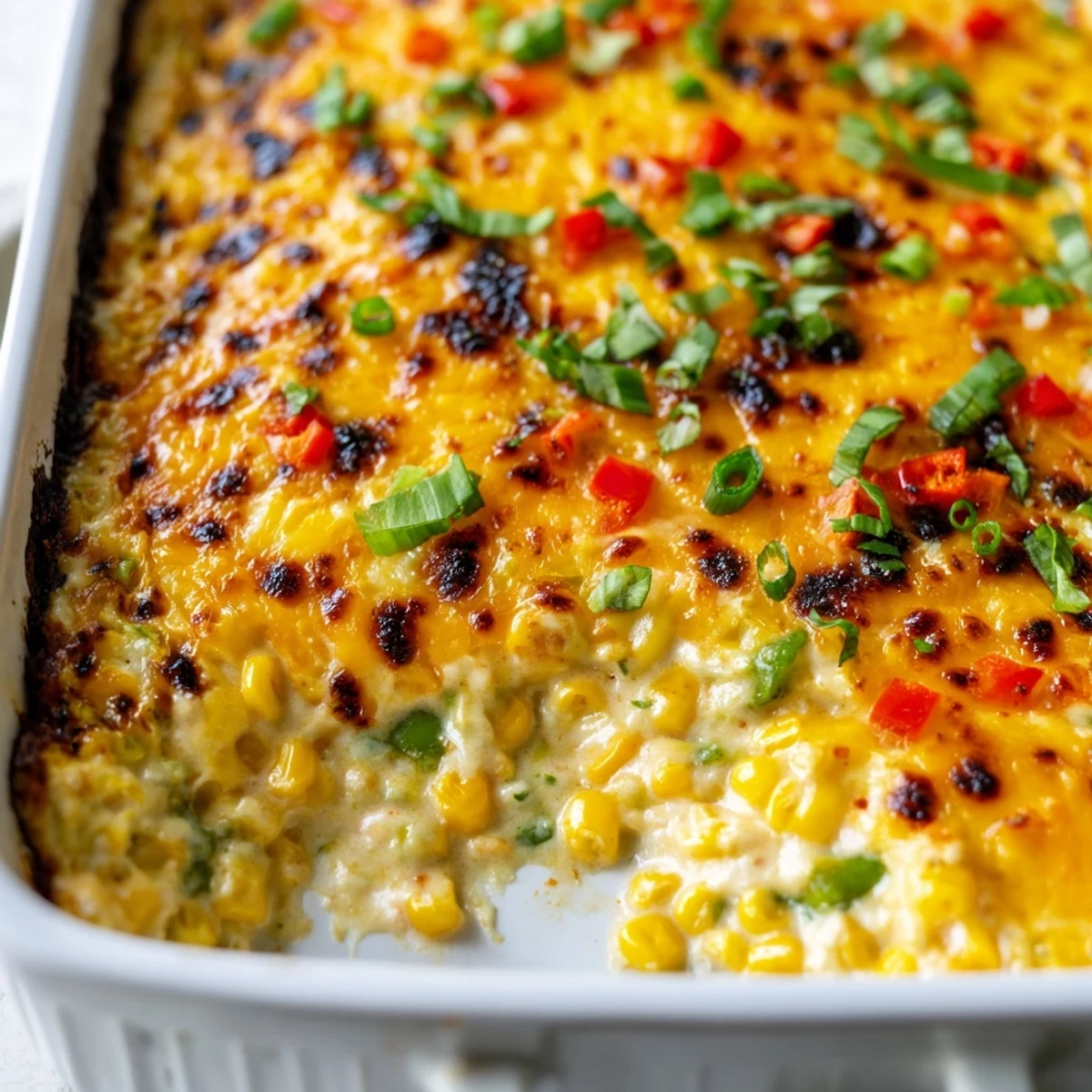 Steaming scoop of Baked Creamy Corn Jalapeño Dip with colorful bell peppers and melted cheese