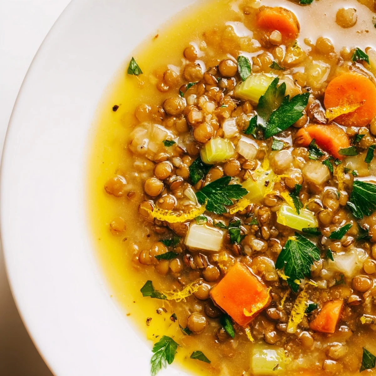 Steaming bowl of lemon lentil soup garnished with fresh parsley and lemon wedges