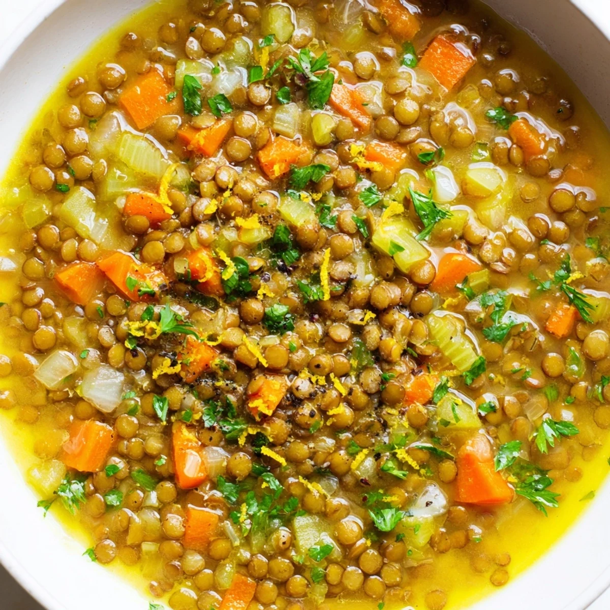Creamy lemon lentil soup ladled into a bowl with crusty bread on the side