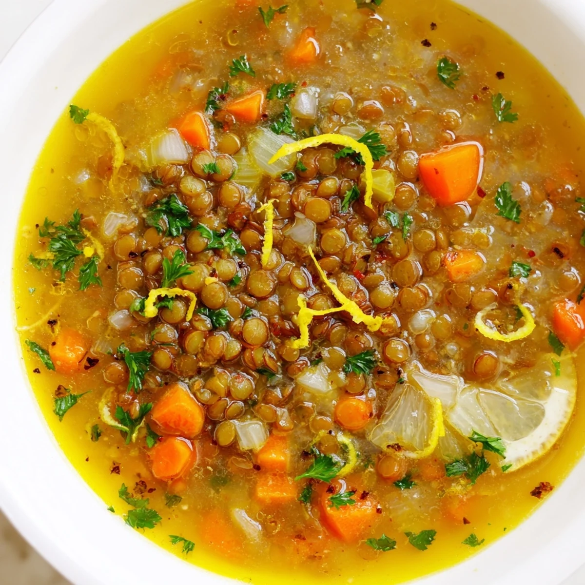 Golden lemon lentil soup topped with vibrant herbs in a rustic ceramic bowl