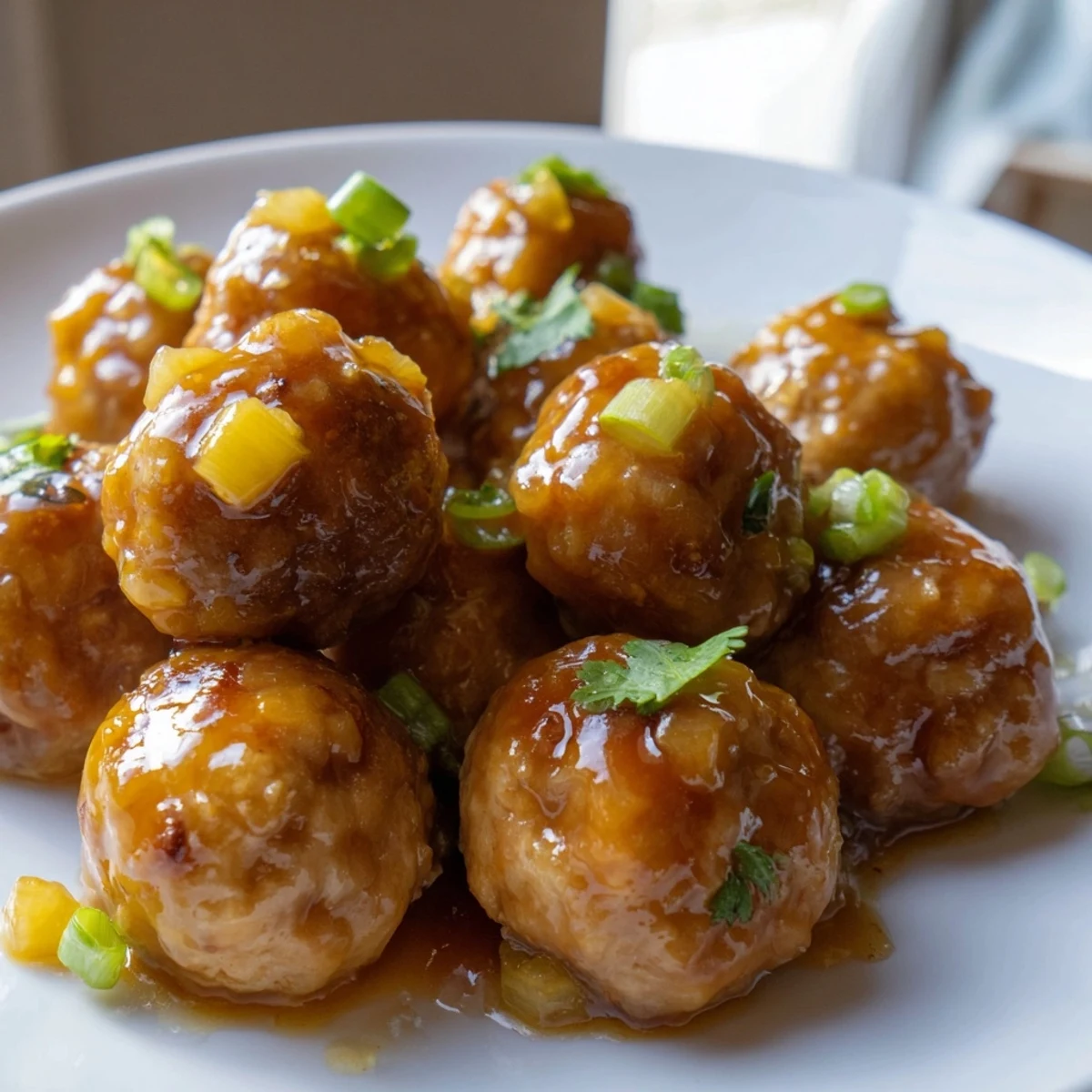 Golden sweet pineapple chicken meatballs glistening with tangy sauce on a white plate