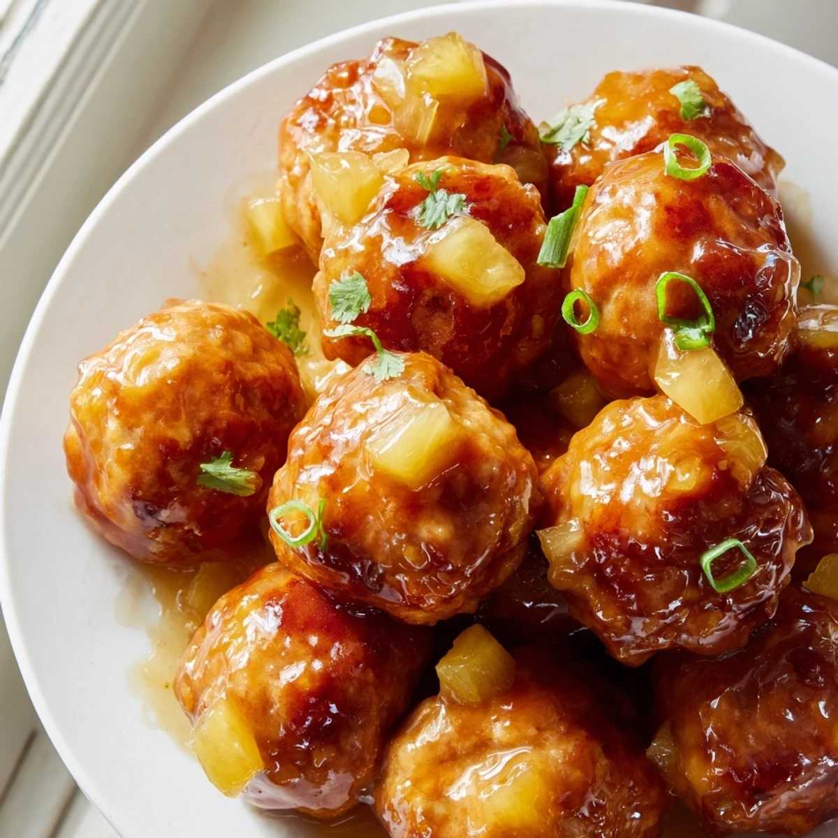 Crispy baked pineapple chicken meatballs coated in sticky glaze served over steamed rice
