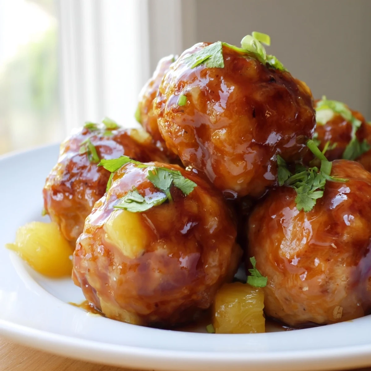 Tender sweet pineapple chicken meatballs garnished with fresh cilantro in a cast iron skillet