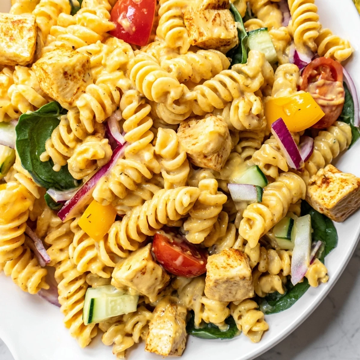 Honey Mustard Chicken Pasta Salad in a large bowl with colorful vegetables
