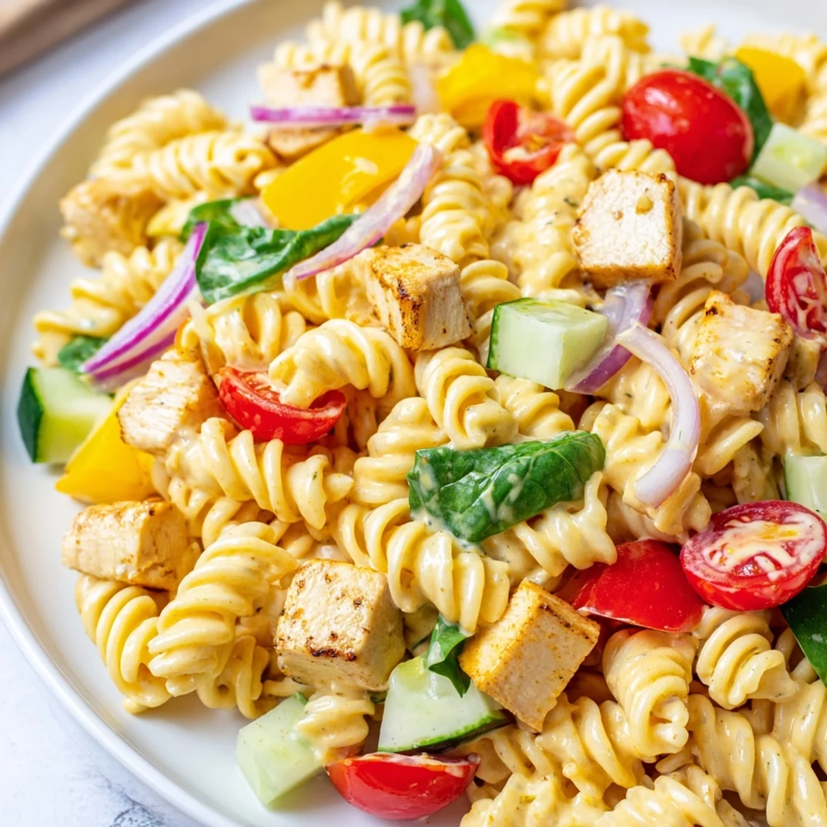 Creamy Honey Mustard Chicken Pasta Salad topped with cherry tomatoes and spinach