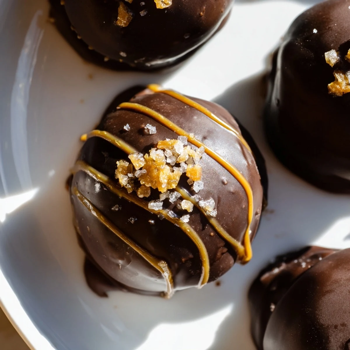 Golden chocolate-dipped salted caramel pretzel cheesecake balls drizzled with sticky caramel on parchment paper.