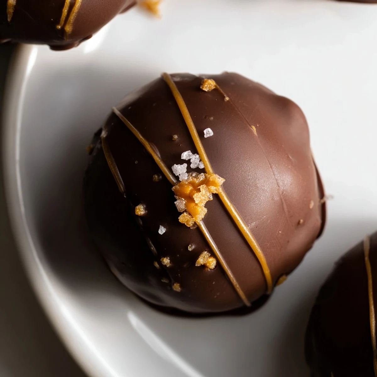 Creamy salted caramel pretzel cheesecake balls coated in rich semi-sweet chocolate and sprinkled with flaky sea salt.