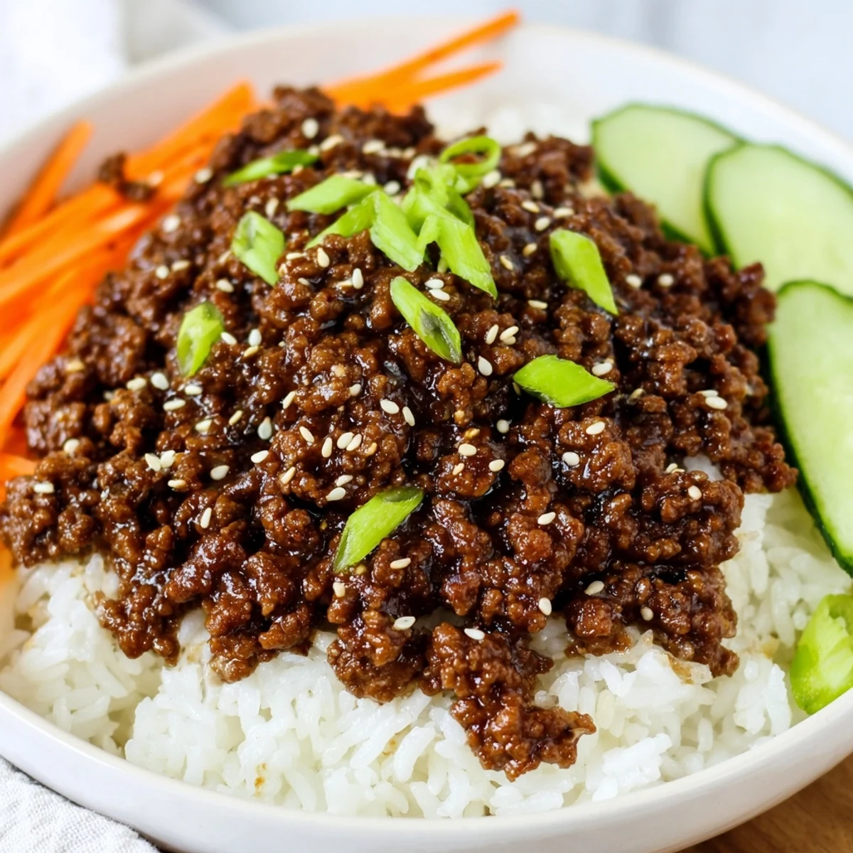Korean ground beef bowl glistening with sesame-glazed sauce over fluffy white rice