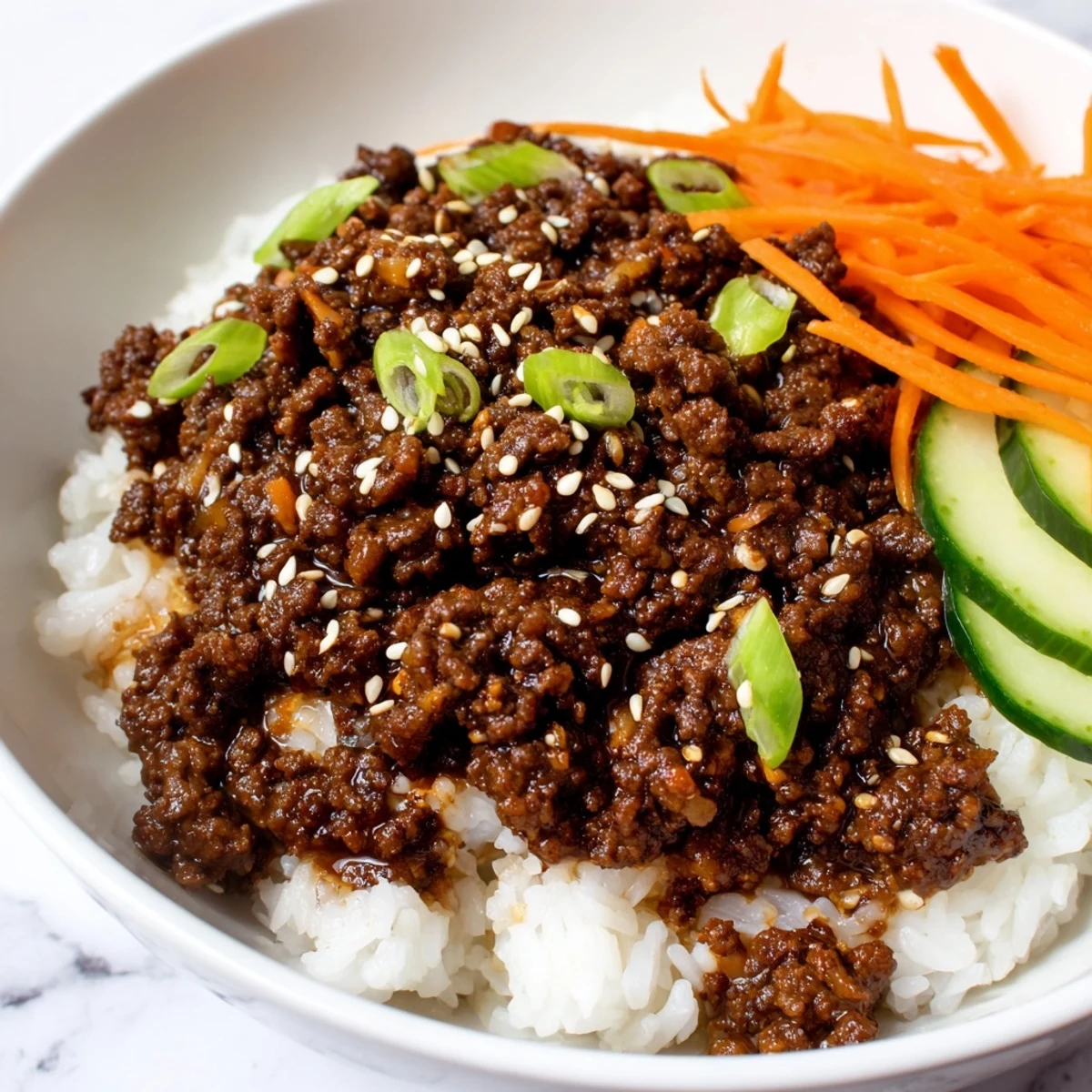 Savory Korean ground beef bowl topped with crisp cucumber carrot and sesame seeds