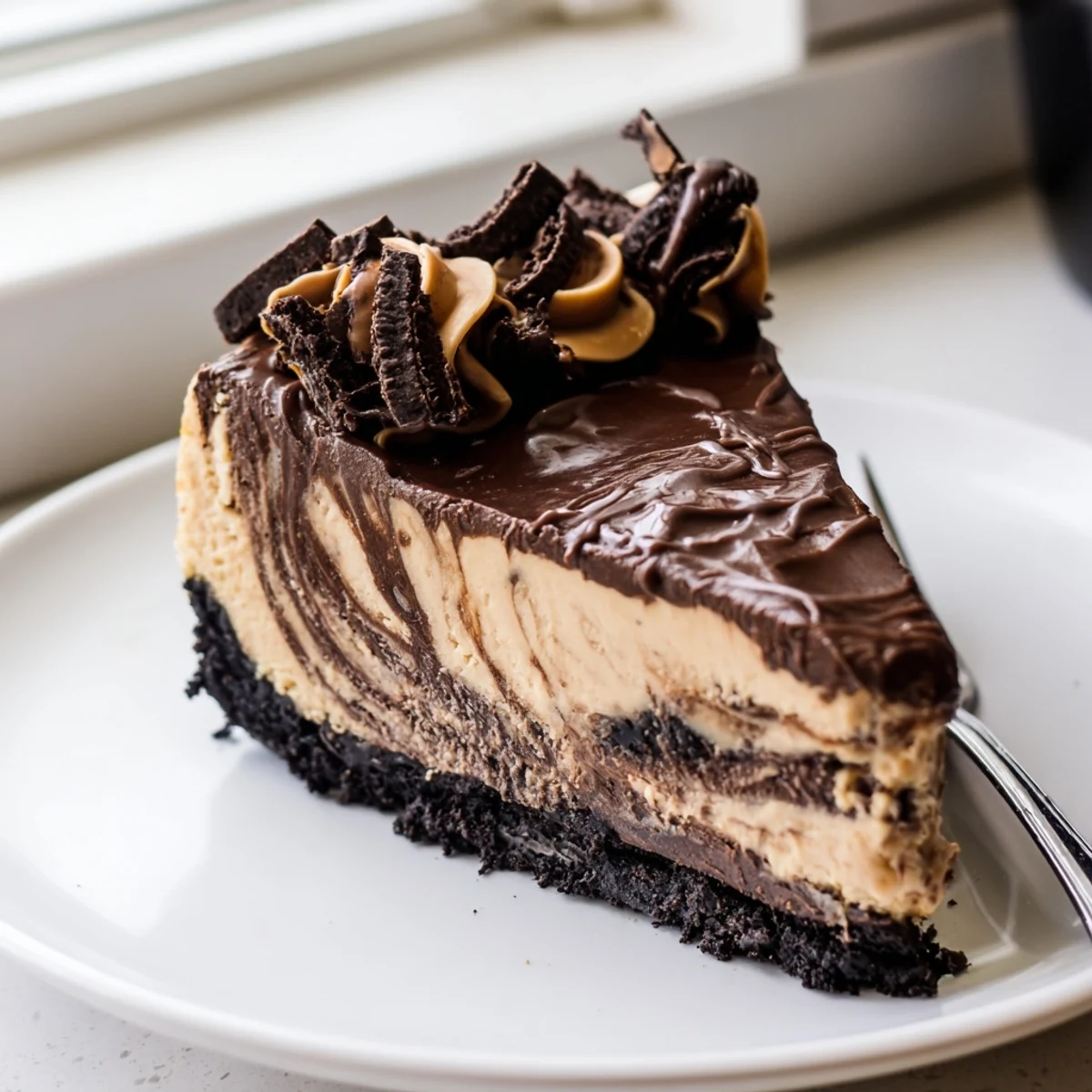 Creamy chocolate peanut butter cheesecake sliced tall on a white dessert plate
