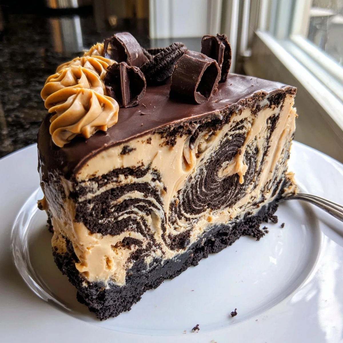 Decadent chocolate peanut butter cheesecake with a thick cookie crust ready to serve