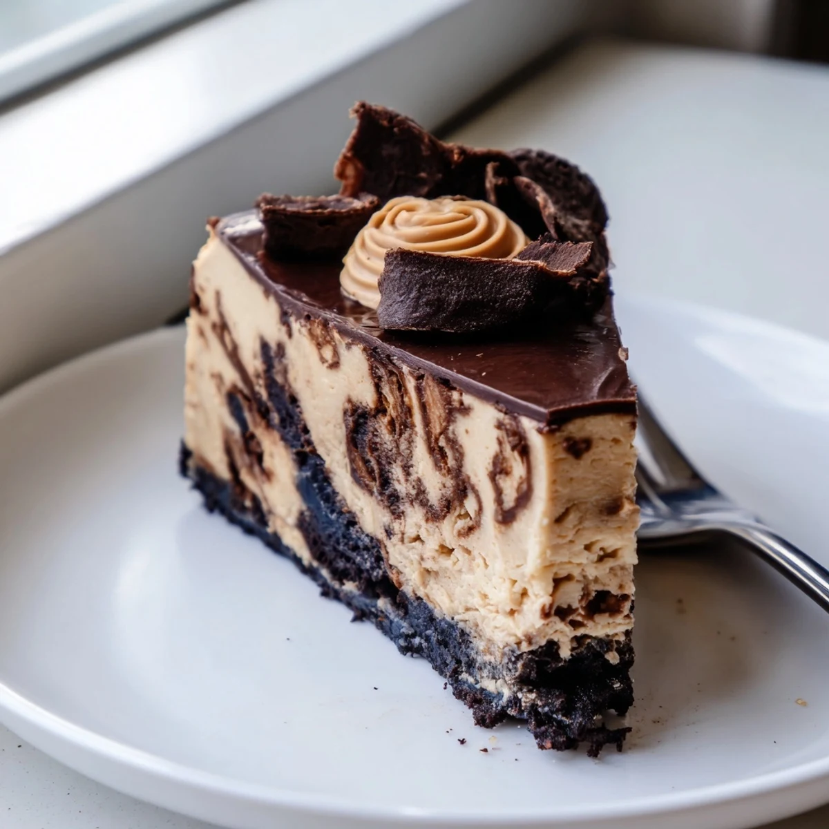 Rich chocolate peanut butter cheesecake topped with glossy dark ganache drizzle