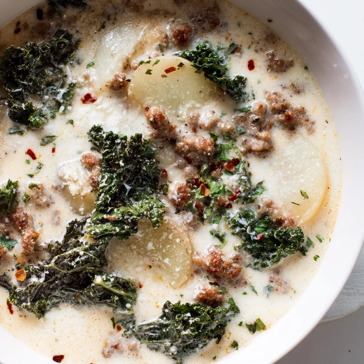 Creamy Zuppa Toscana soup loaded with sausage, potatoes, and tender kale