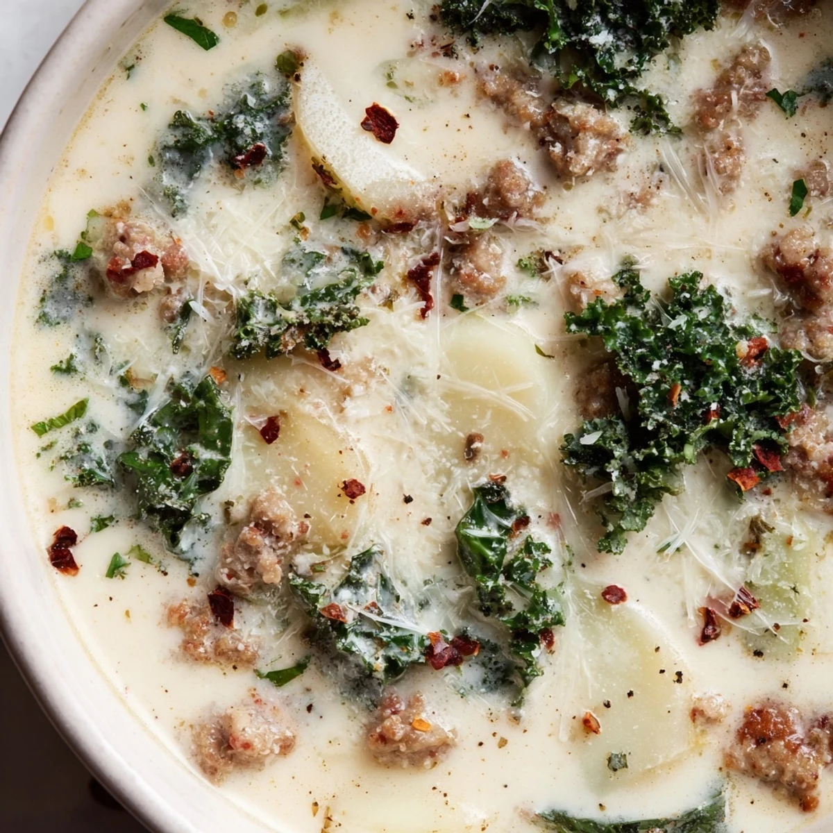Steaming bowl of Zuppa Toscana soup topped with grated Parmesan and parsley