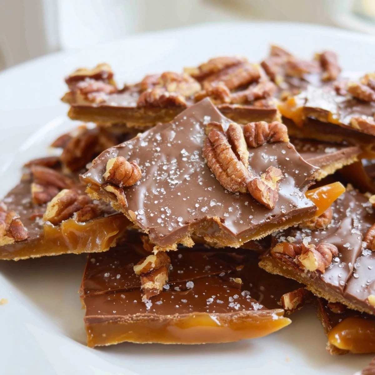 Golden pecan pie bark with gooey caramel and melted chocolate on a rustic baking sheet
