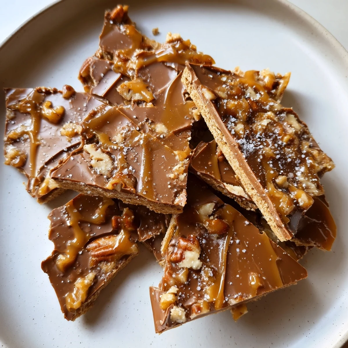 Decadent pecan pie bark topped with toasted nuts and a shiny chocolate drizzle finish
