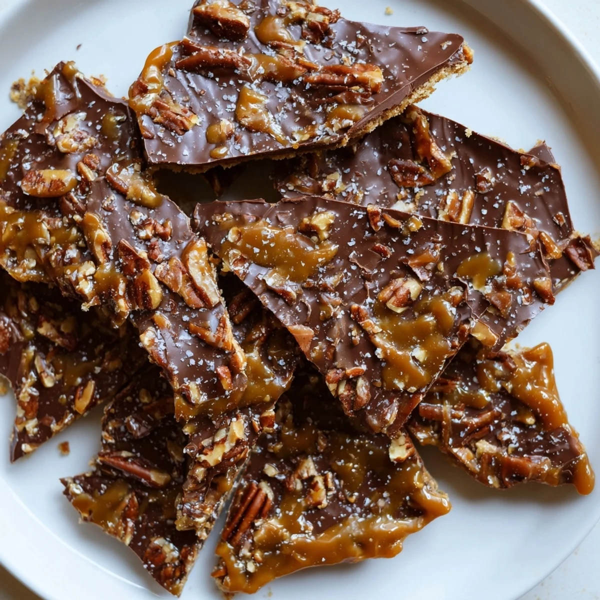 Crunchy pecan pie bark pieces coated in rich chocolate and buttery caramel glaze
