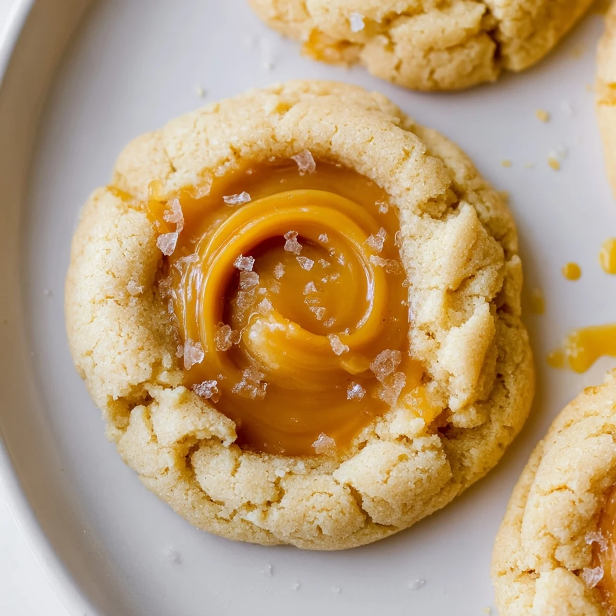 Soft caramel cheesecake cookies with golden edges and gooey caramel swirls on parchment
