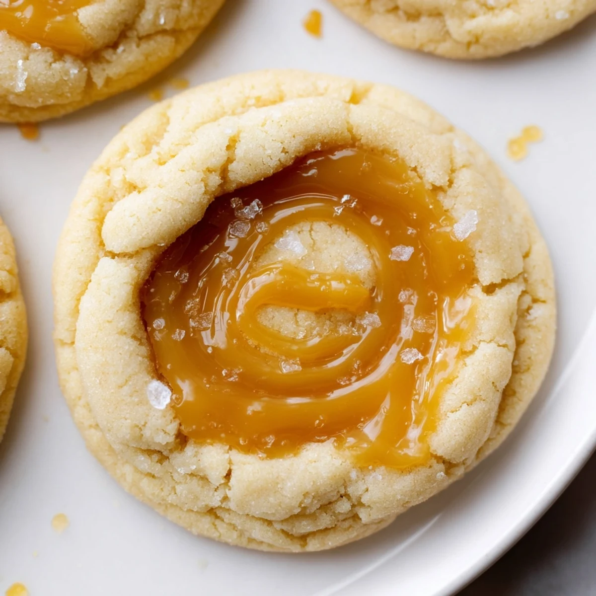 Decadent caramel cheesecake cookies with cracked surfaces and golden caramel pooling on rustic baking sheet
