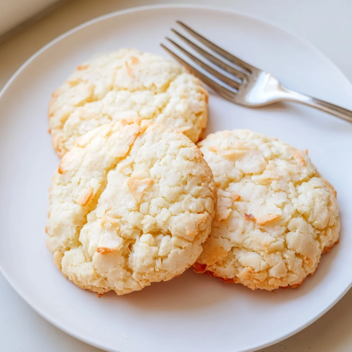 Close-up of tender coconut cookies with golden-brown tops cooling on a wire rack