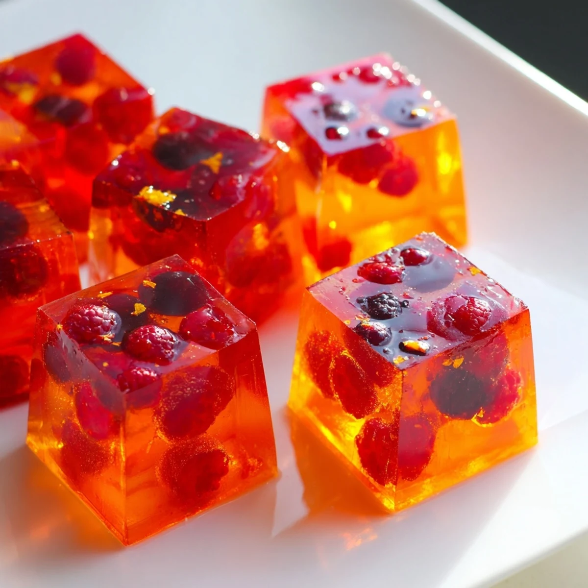 Glossy collagen fruit jellies studded with diced berries and bright citrus zest