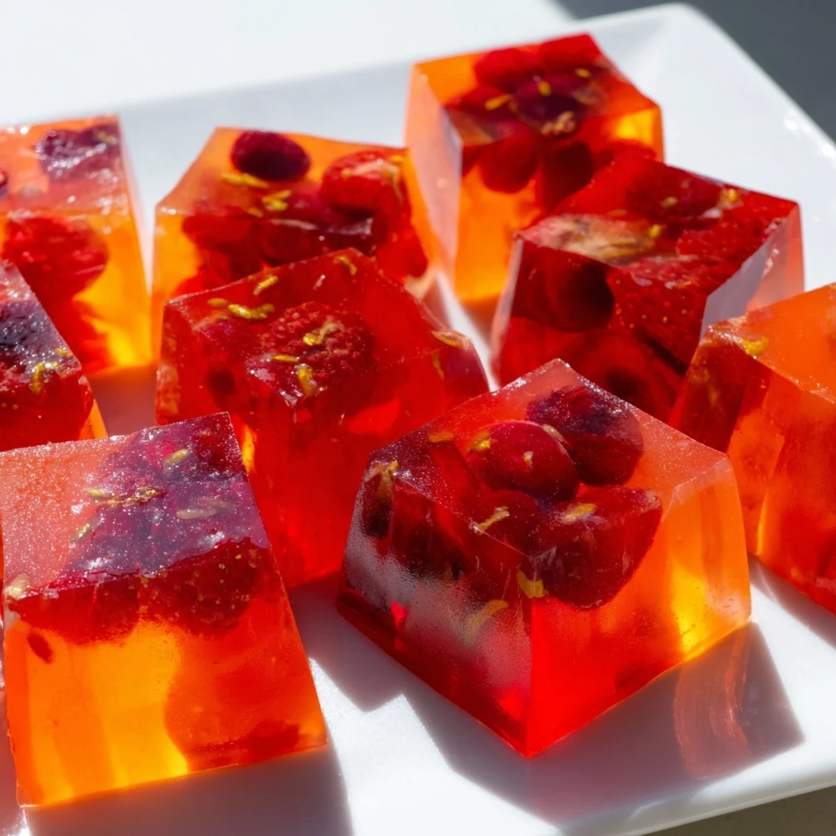 Sparkling collagen fruit jellies cut into colorful cubes on a chilled serving plate