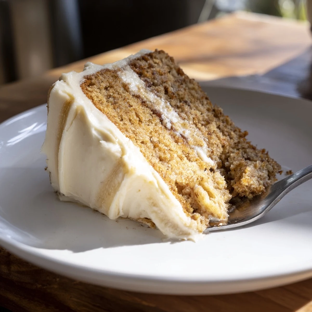 Brown Butter Banana Cake sliced thick with fluffy cream cheese frosting on a rustic plate