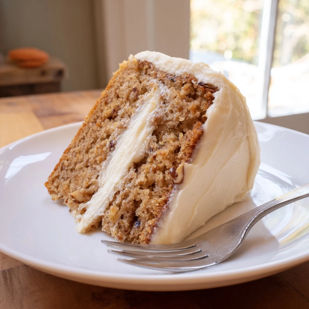 Warm slice of Brown Butter Banana Cake topped with pillowy cream cheese frosting and ripe banana garnish