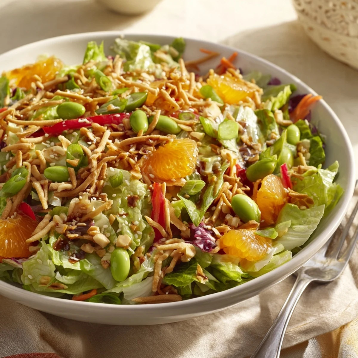Colorful Mandarin Sesame Crunch Salad featuring juicy orange segments crisp peppers and a drizzle of sesame dressing