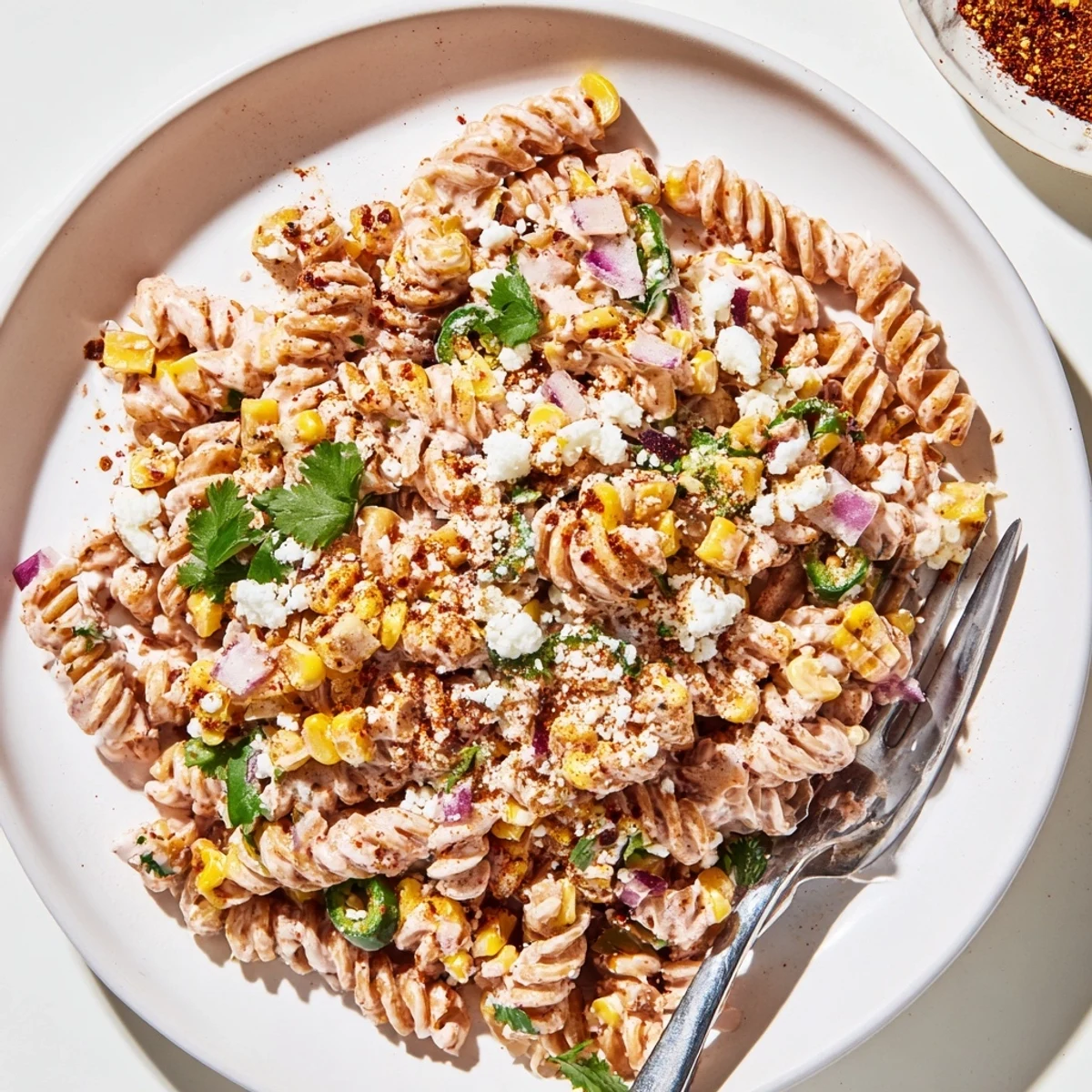 Creamy Elote Street Corn Pasta Salad topped with crumbled cotija and fresh cilantro