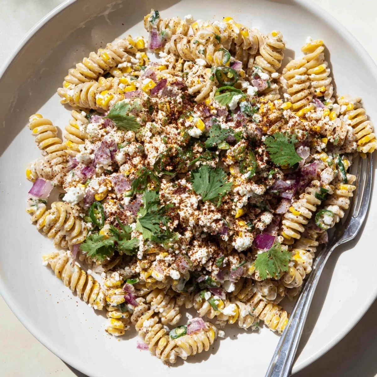Elote Street Corn Pasta Salad served in a rustic bowl with Tajín sprinkled on top
