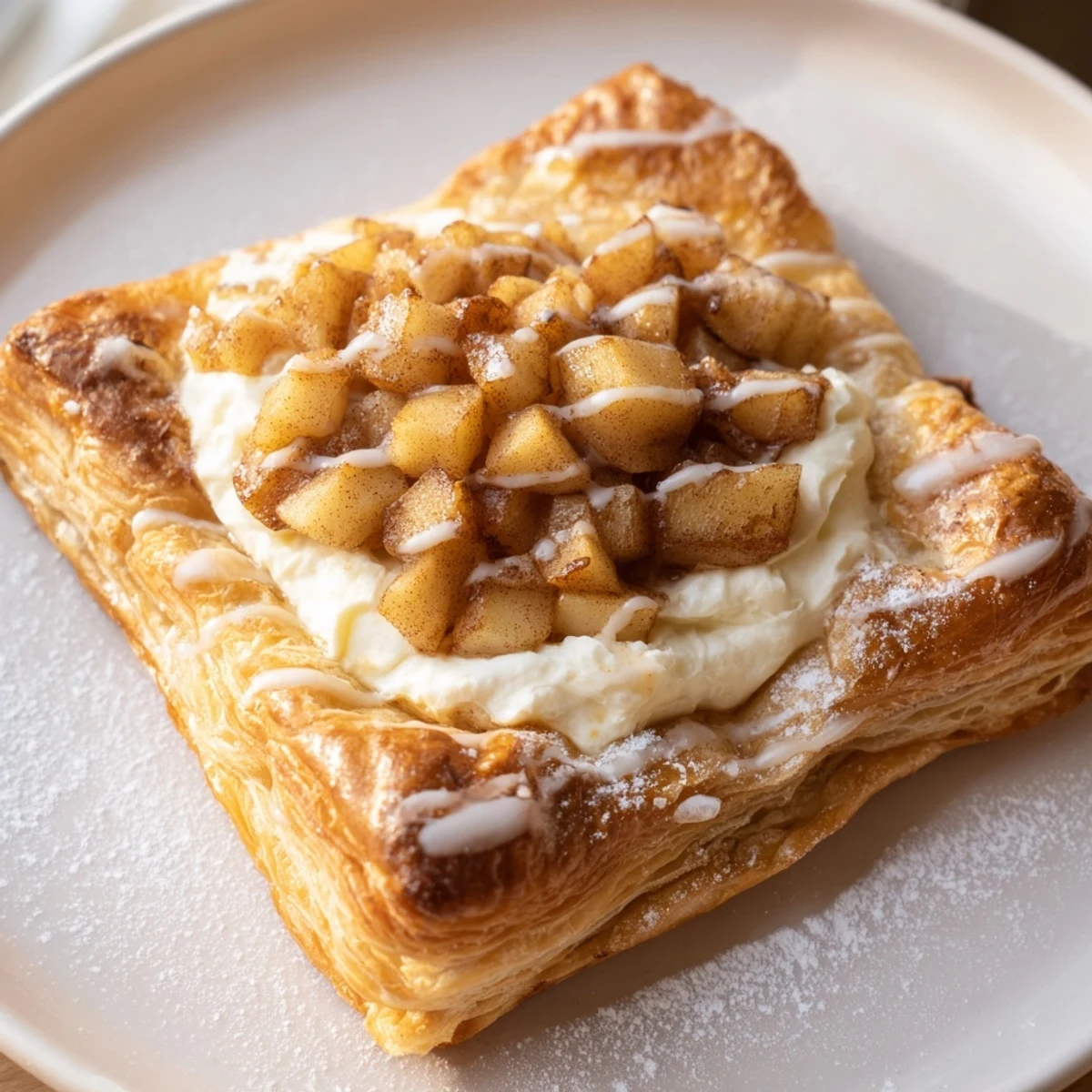 Warm apple cheese danishes on flaky puff pastry topped with spiced fruit