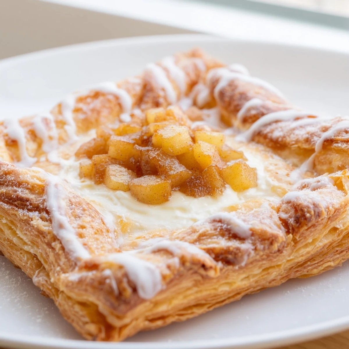 Golden apple cheese danishes with cinnamon apple filling drizzled with sweet vanilla icing