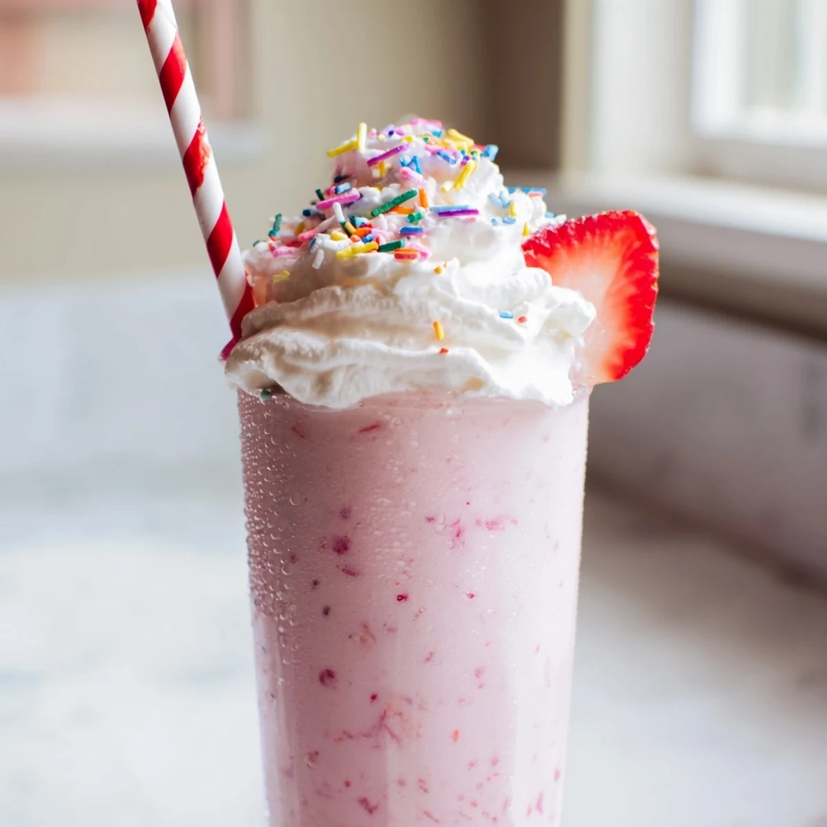 Thick strawberry milkshake topped with whipped cream in a tall glass