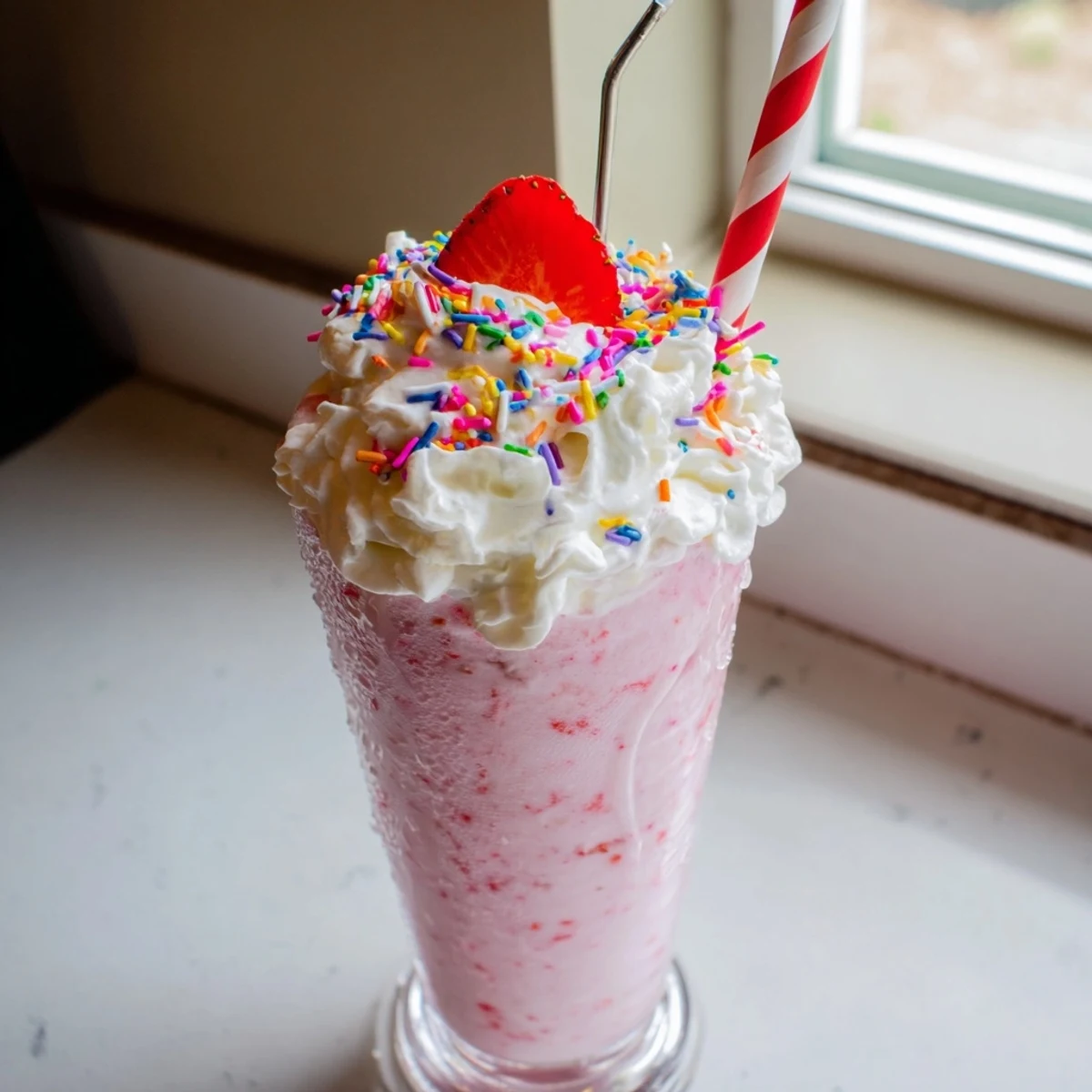 Creamy strawberry milkshake with fresh berry slices and a colorful straw