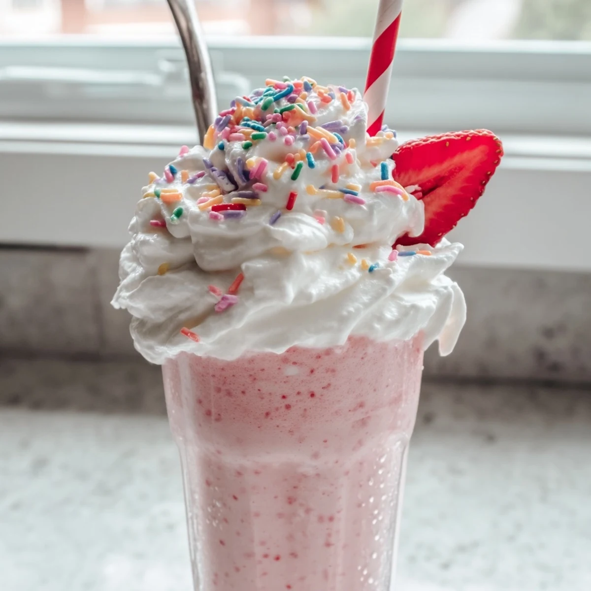 Blended strawberry milkshake recipe served frosty with a pillowy whipped cream swirl