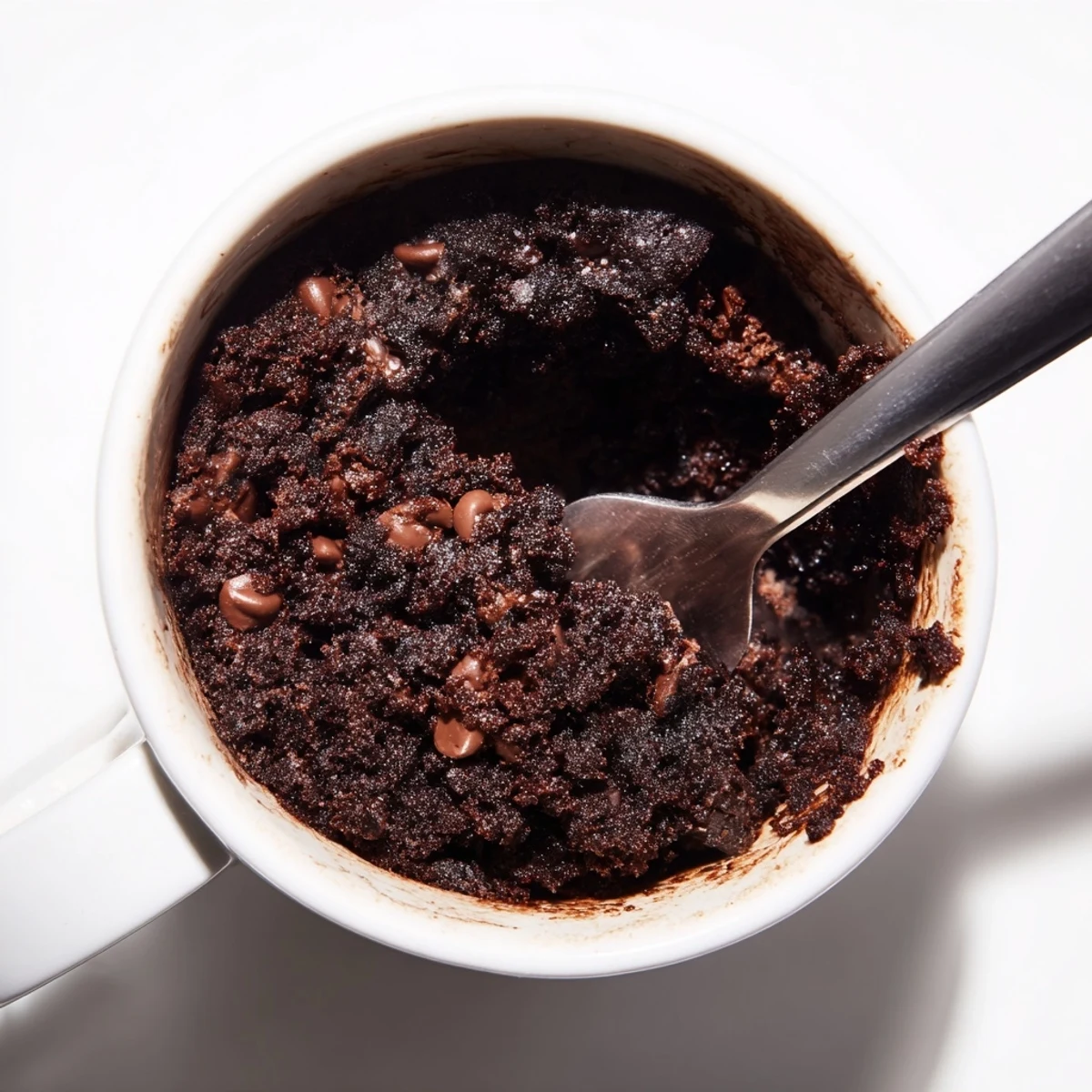 Warm gluten free chocolate mug cake topped with a melting scoop of vanilla ice cream