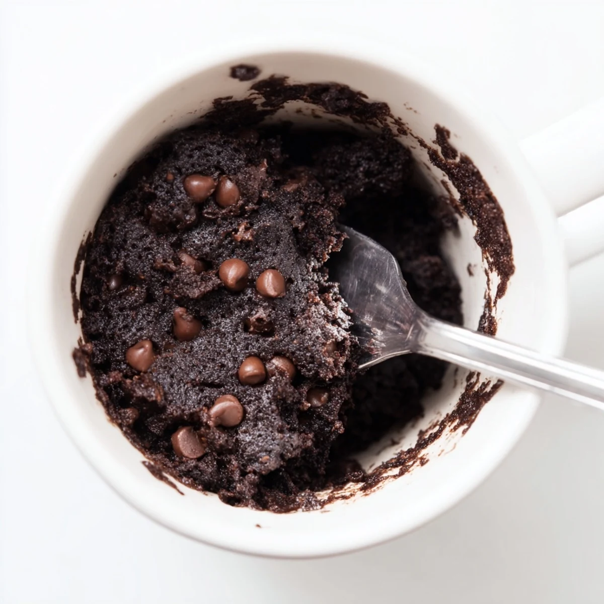 Fudgy gluten free chocolate mug cake studded with melting chocolate chips inside a ceramic mug