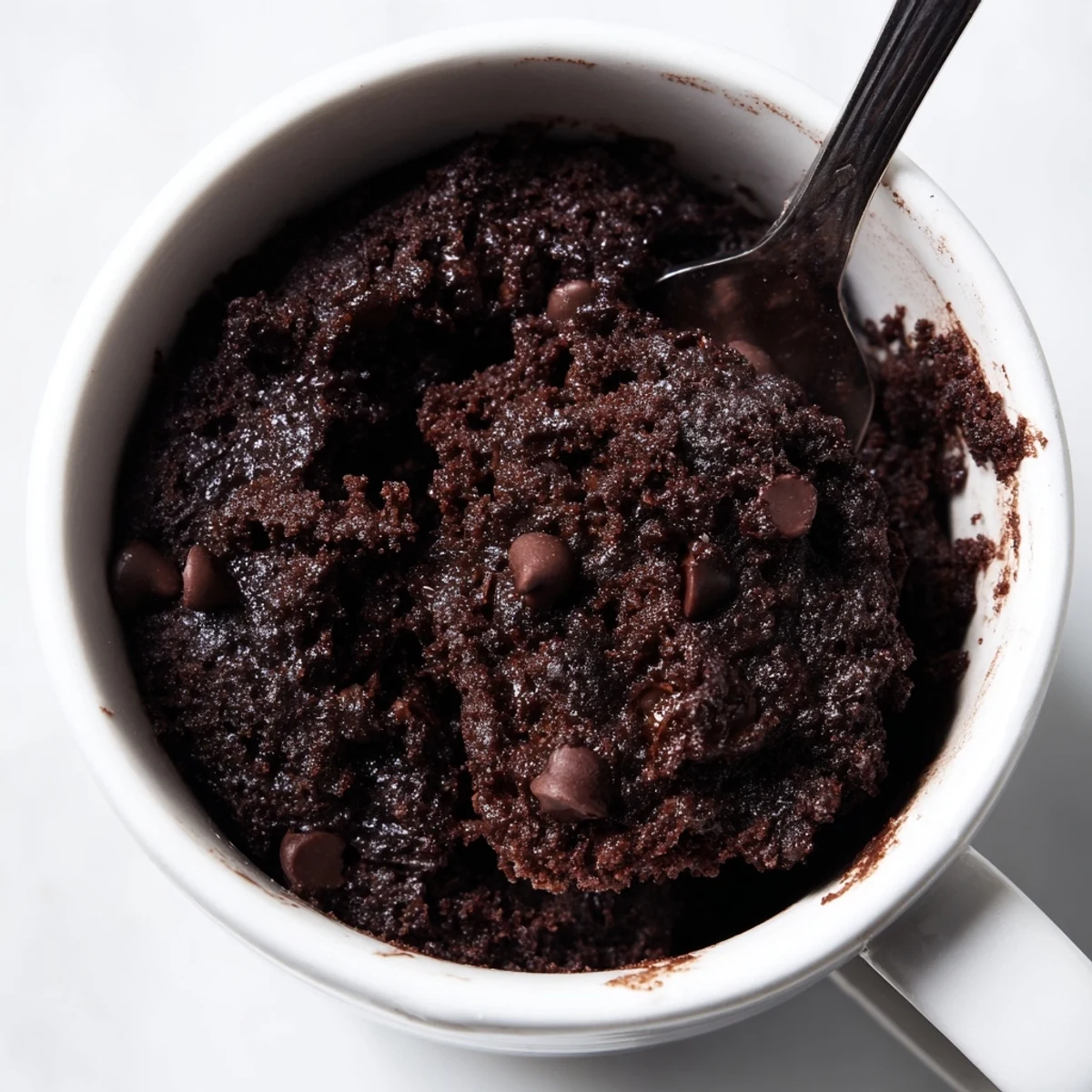 Irresistibly moist gluten free chocolate mug cake served inside a classic white coffee mug