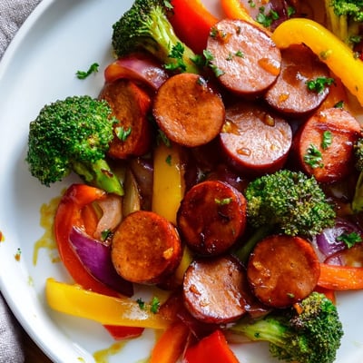 Caramelized sausage rounds and vibrant bell peppers drizzled in sticky honey garlic glaze
