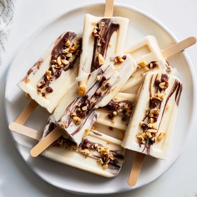 Frozen chocolate banana bliss popsicles featuring marble patterns and optional nut topping on wooden sticks